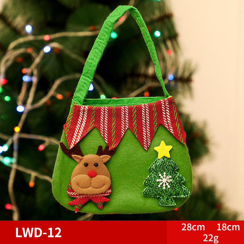 Festive green handbag with a reindeer, Christmas tree, and star decorations, set against a colorful, blurred background. Size and weight displayed at the bottom in red.