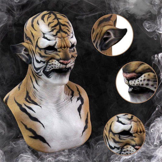 A detailed tiger mask with realistic textures and patterns, featuring sections that focus on the ear, muzzle, and eye area. The background has a smoky effect.