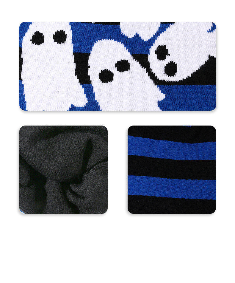Knitted fabric featuring white ghost patterns on blue and black stripes, with close-up details of black fabric texture and blue-black striped fabric.