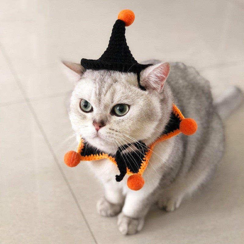 Fluffy cat wearing a Halloween-themed black and orange jester costume, with a pointy hat and pom-poms, sitting on a tiled floor, gazing forward.