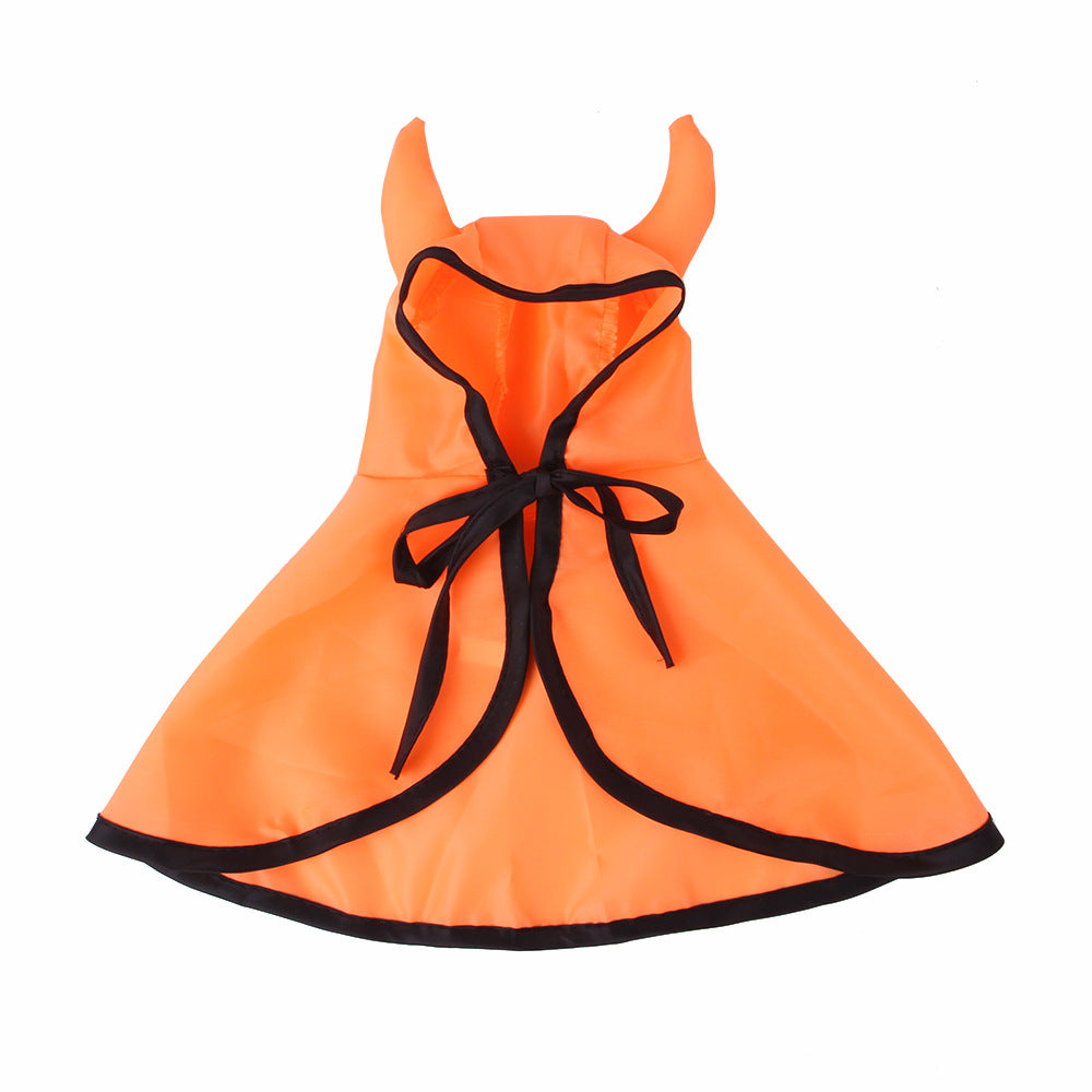 Bright orange cape with black trim and bow, featuring small pointed horns on the hood. Ideal for a playful or Halloween costume.