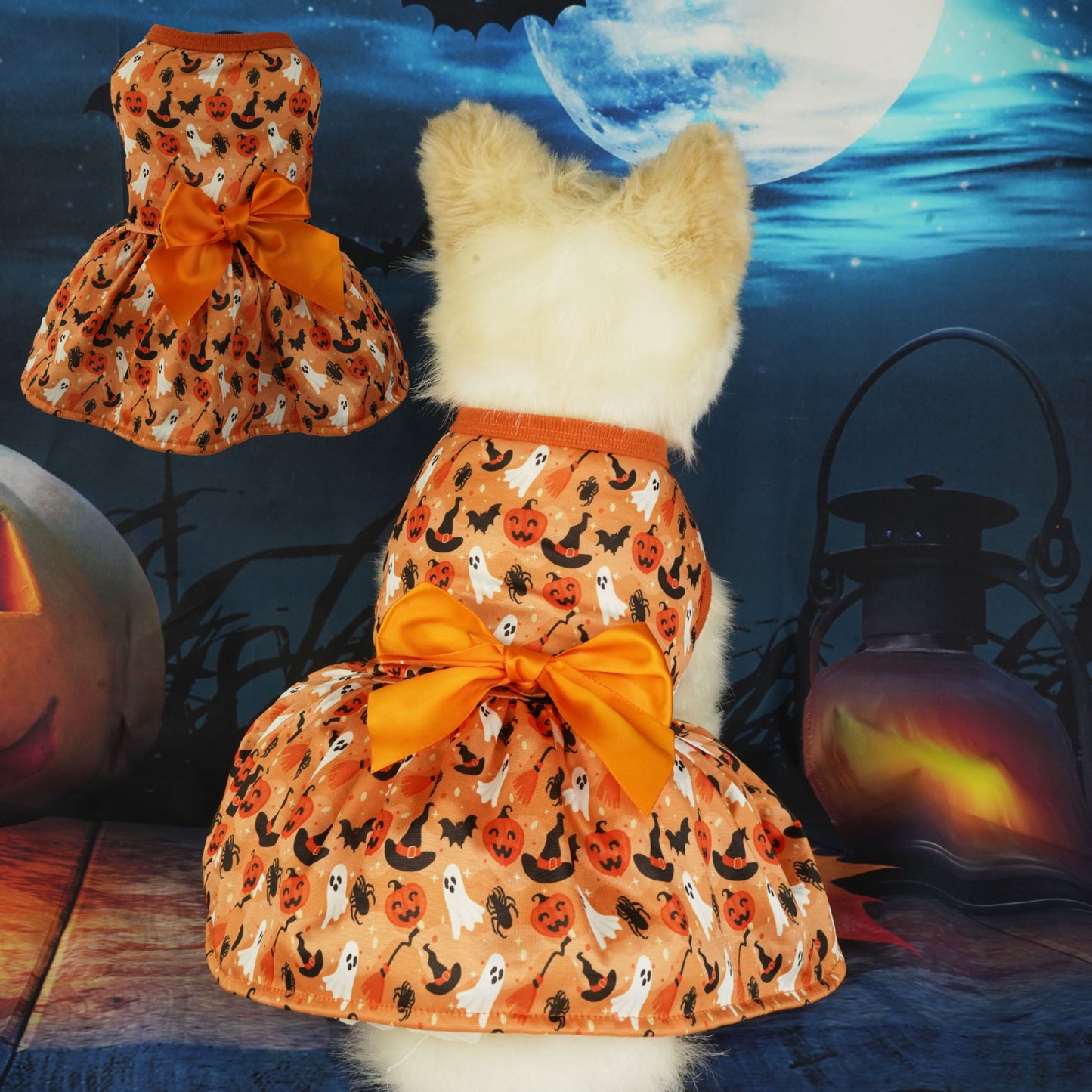 A small white dog wearing an orange Halloween dress with black cats, white ghosts, and pumpkins, featuring a large orange bow. Background shows a spooky, moonlit scene.