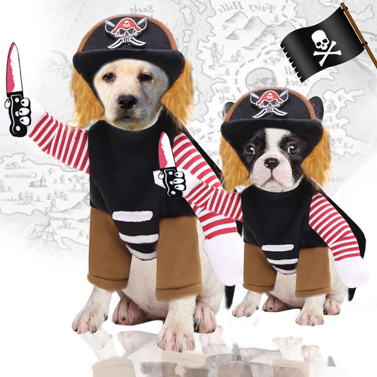 Two dogs dressed as pirates with striped shirts, hats, and mini knives. They stand on a map background with a pirate flag. One is a Labrador and the other a French Bulldog.