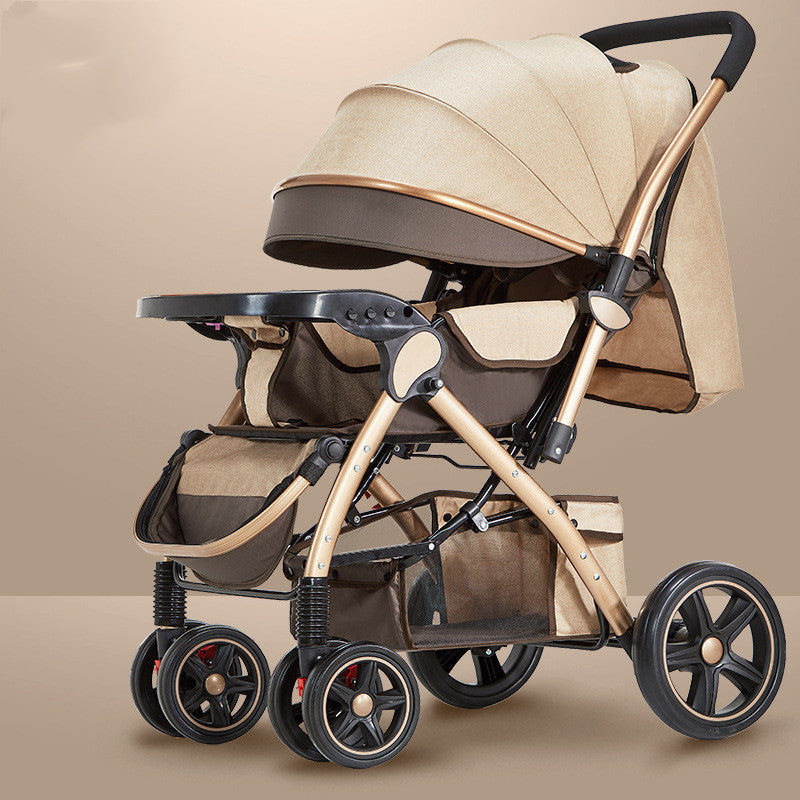 A beige and brown baby stroller with a canopy, four wheels, a tray, and a basket underneath for storage. The design includes a cushioned seat and adjustable handlebar.
