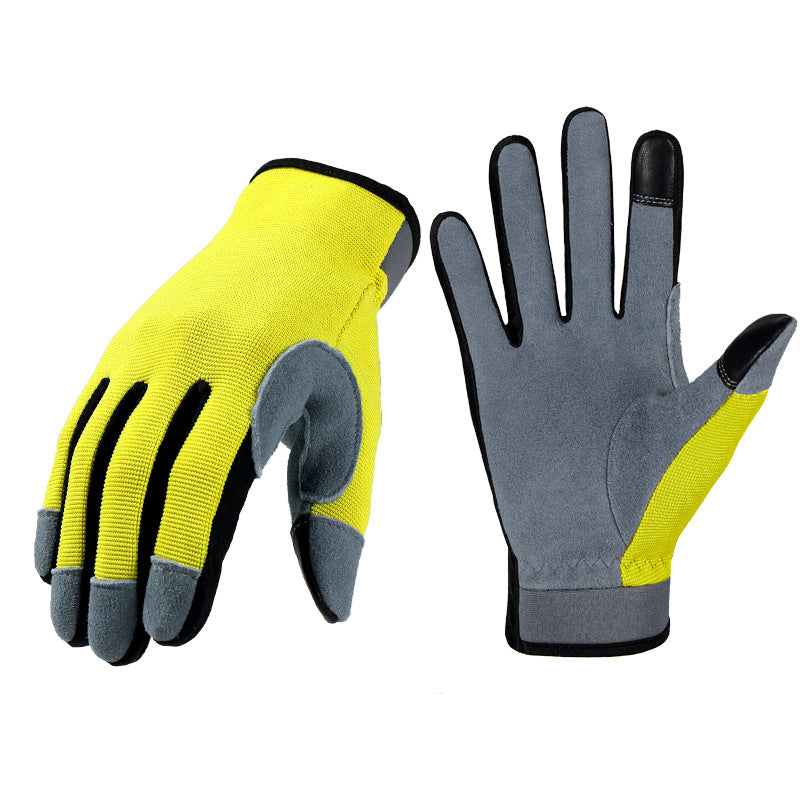 Two work gloves shown, one palm up and one down. They feature bright yellow fabric, grey suede-like palm, black fingers, and reinforced fingertips for durability.