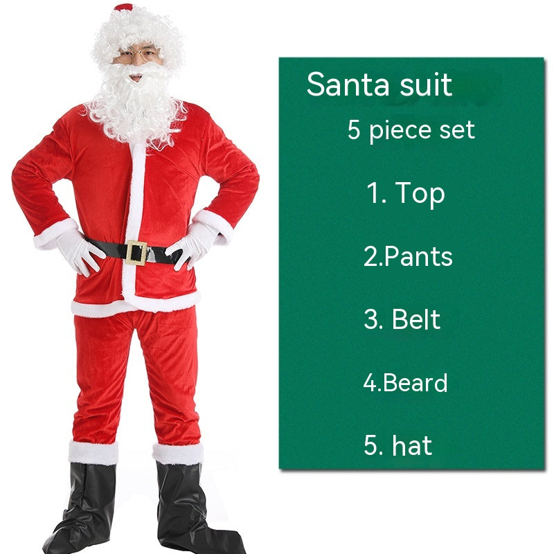 Santa suit display showing a 5-piece set including a red and white top, pants, belt, beard, and hat. The set is worn by a person standing with hands on hips.