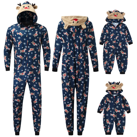 Blue family Christmas pajamas with reindeer and snowflakes print. Includes onesies for adults and kids, featuring reindeer faces on the hoods with antlers and red noses.
