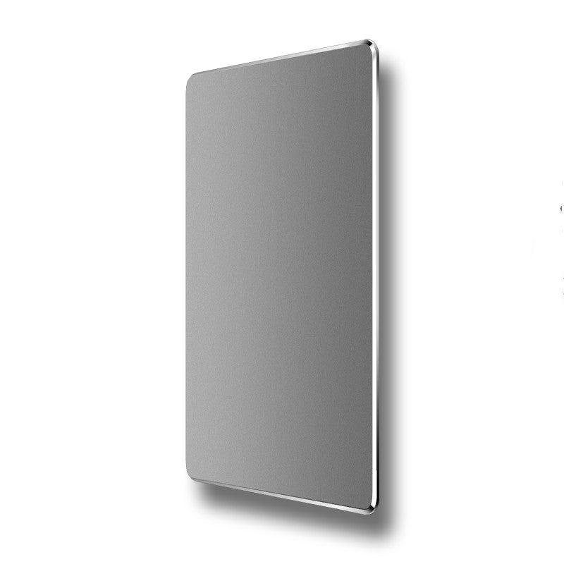 Rectangular silver wall panel with rounded corners, mounted vertically. The surface is sleek and reflective, casting a soft shadow on the white background.