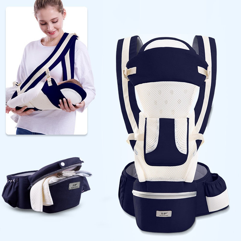 Baby carrier with navy and white fabric, showcasing ergonomic design. Includes storage pockets. Woman in white shirt cradles a baby using the carrier. Ideal for hands-free carrying.