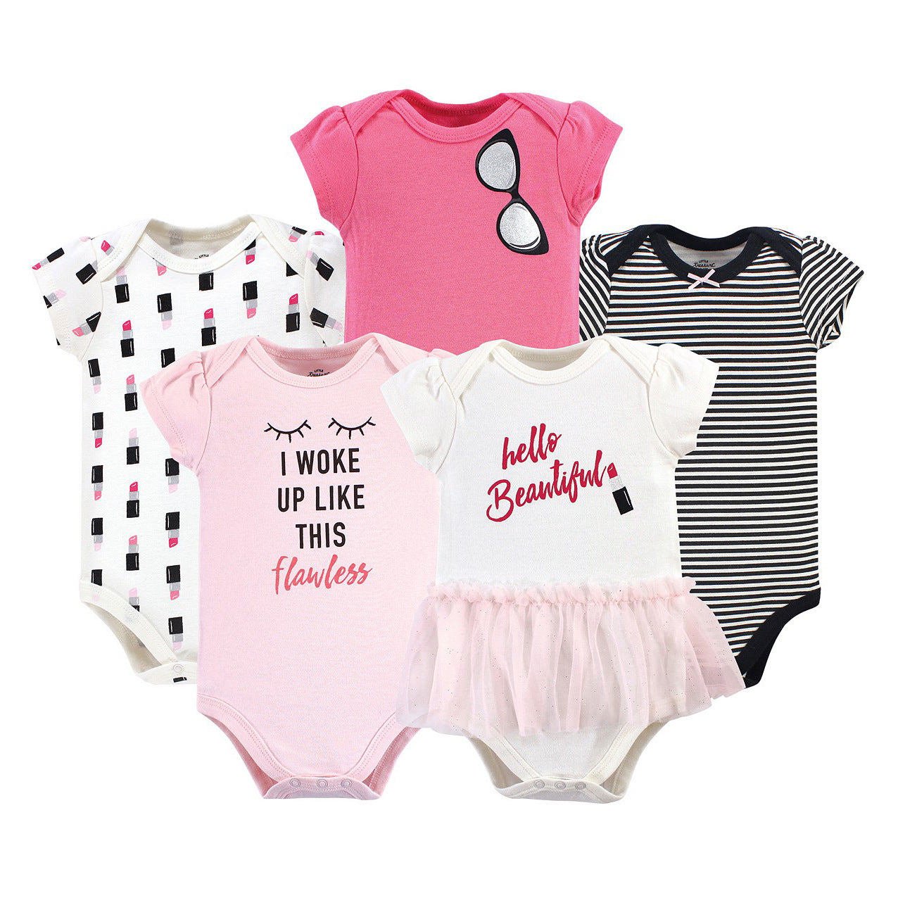 Five baby onesies in various designs: pink with sunglasses, black stripes, lipstick pattern, pink with "I woke up like this," and white with "hello Beautiful" and a tutu.