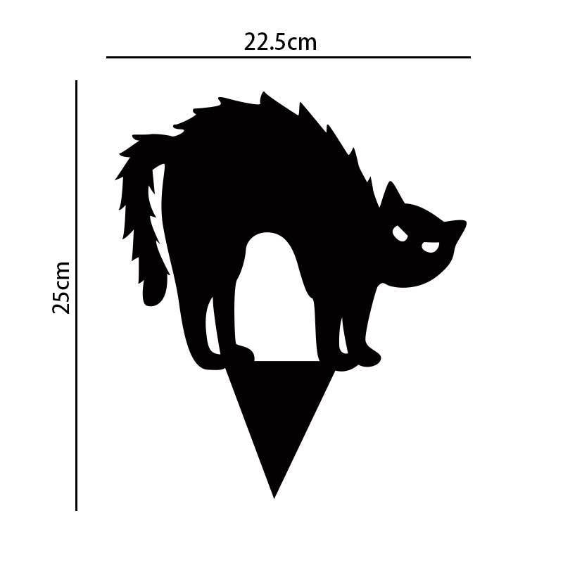 Silhouette of an arched-back cat with raised fur, positioned on a triangular base. Dimensions are given as 22.5cm wide and 25cm tall.