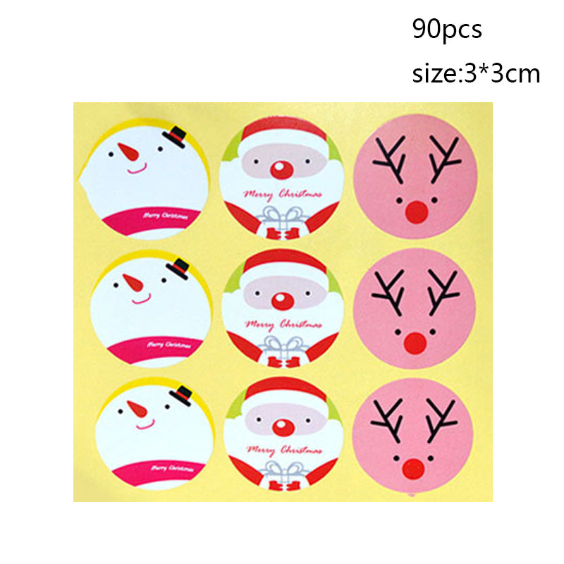 Yellow sheet with 9 round Christmas stickers: snowmen, Santa, and reindeer designs. Text reads "Merry Christmas." Includes 90 pieces, each 3x3 cm.