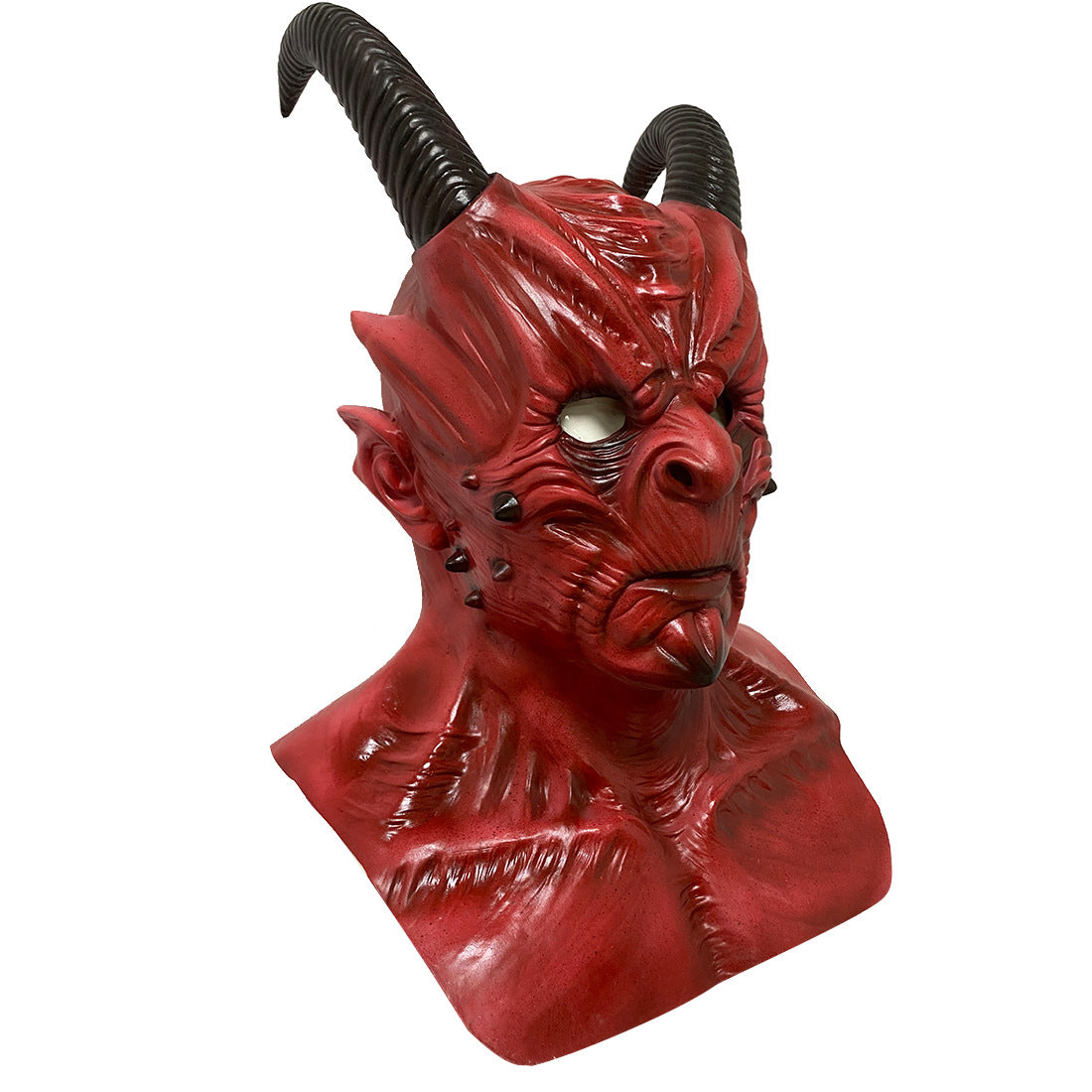 Red demon mask with black horns and textured skin. Features sharp, angular details and empty eye holes. Black studs accentuate the cheek and forehead areas.