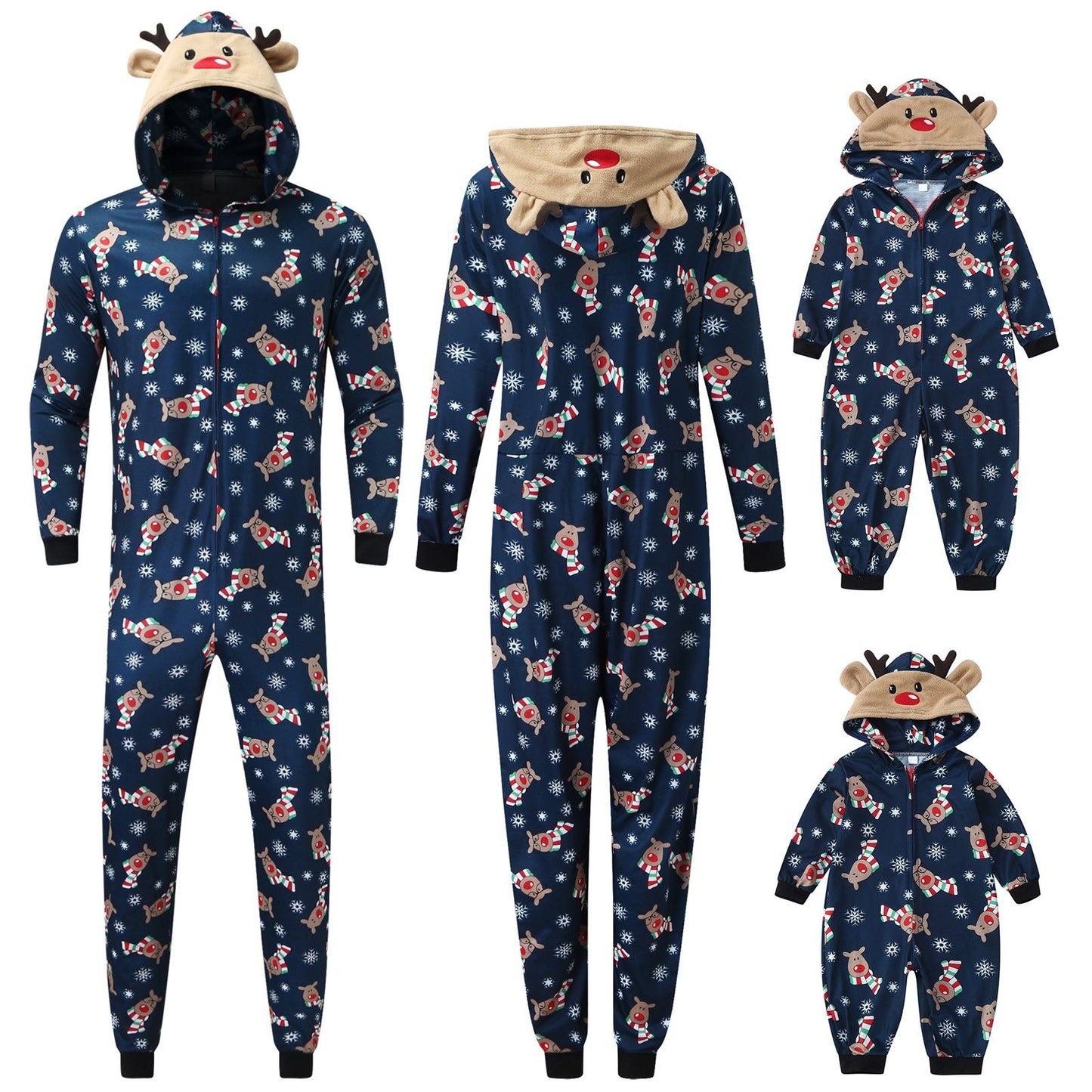 Five blue one-piece pajamas with reindeer prints and antler hoods in various sizes for a family, showing front and back views.