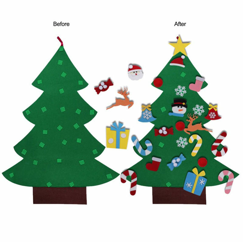 Two felt Christmas trees. The left tree is plain, labeled "Before," and the right is decorated with felt ornaments like snowflakes, candy canes, and more, labeled "After."