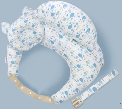 Soft, U-shaped baby pillow with detachable headrest and buckle strap, featuring a playful blue and yellow animal print. Designed for comfort and support, on a light blue background.