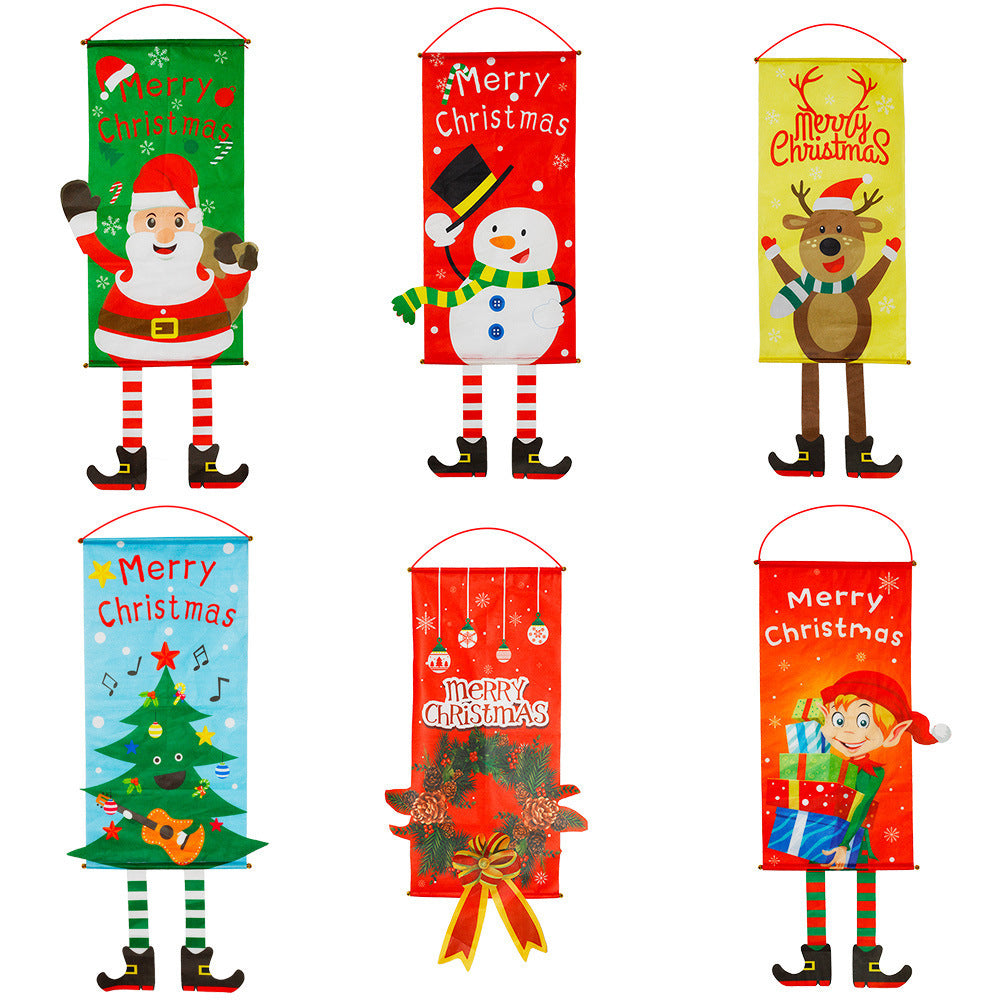 Six colorful Christmas wall hangings, each with a different festive character: Santa, snowman, reindeer, tree, wreath, and elf, with "Merry Christmas" text and playful designs.
