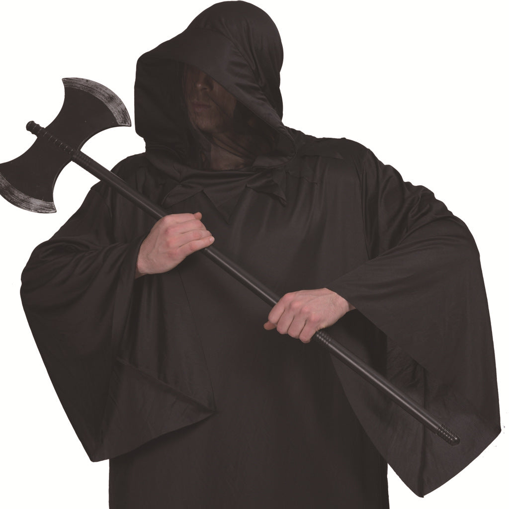 A person in a black hooded robe holds a double-bladed axe. The hood obscures their face, creating a mysterious and ominous appearance against the plain background.