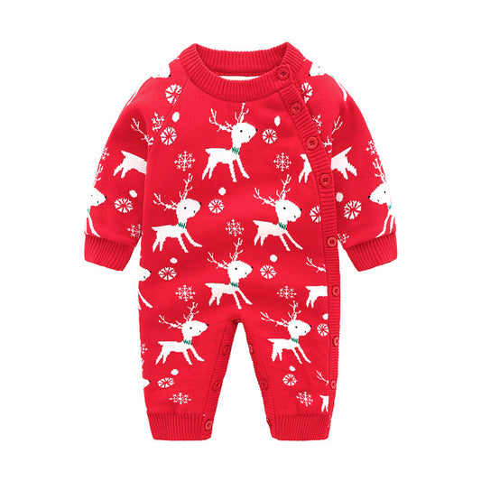 Red baby onesie with white reindeer and snowflakes pattern. Features long sleeves, ribbed cuffs, and a diagonal button closure. Ideal for festive occasions and warmth.