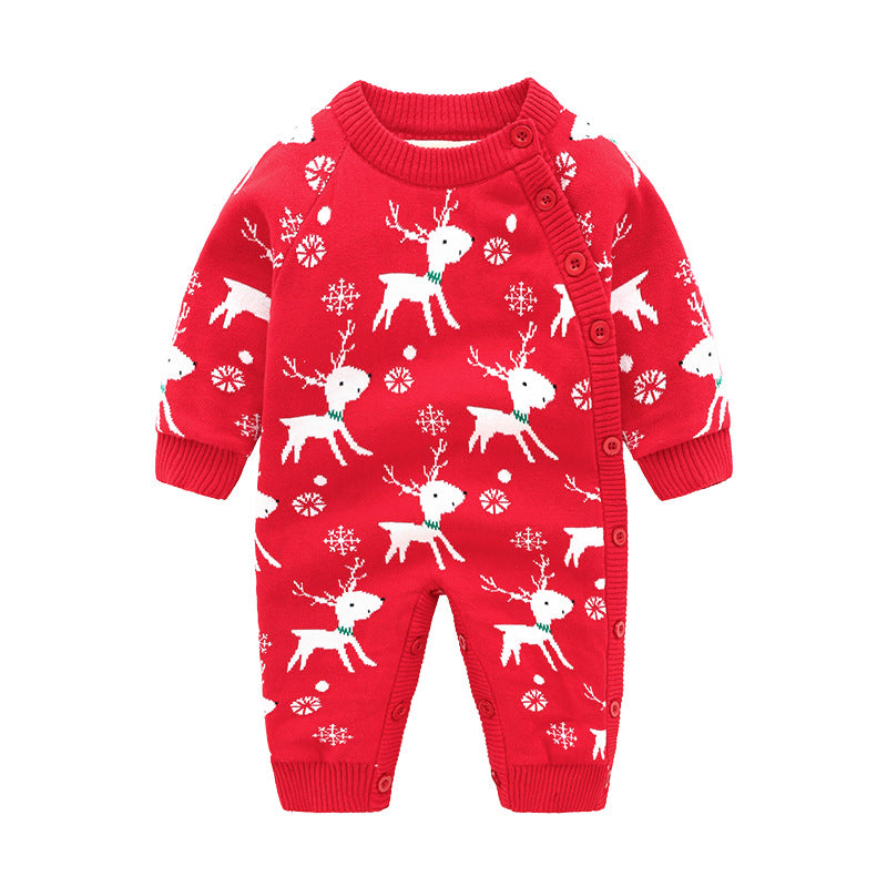 Red baby jumpsuit with white reindeer and snowflake patterns, featuring a side button closure and ribbed cuffs. Perfect for a festive holiday look.