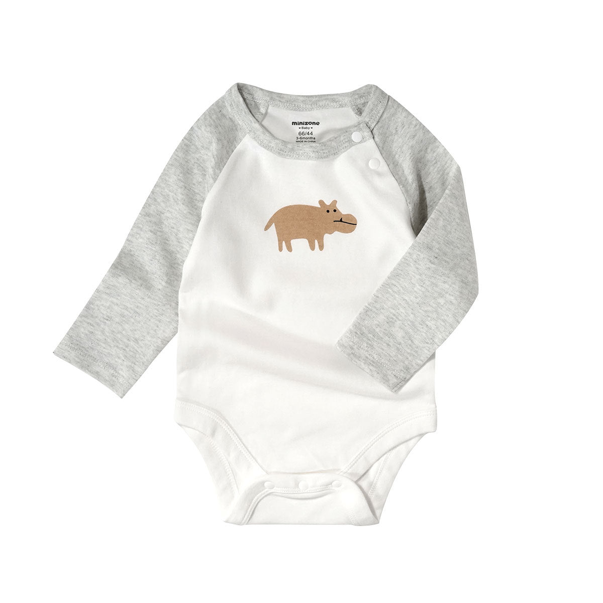 White and gray baby onesie with long sleeves and a snap closure. Features a brown cartoon hippo illustration on the front.
