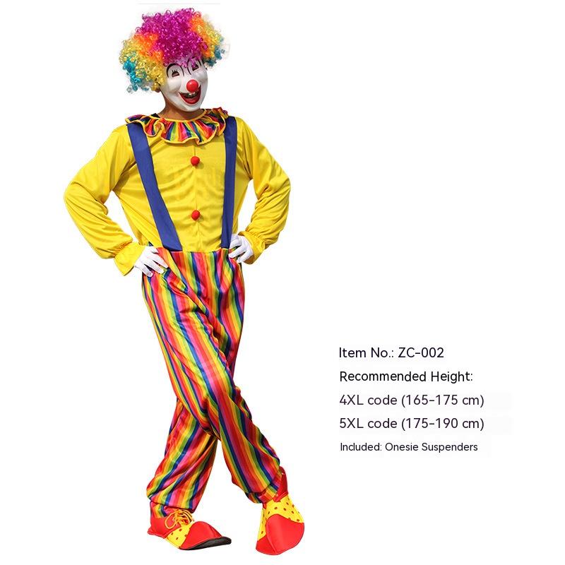 A clown in a yellow shirt with blue suspenders and rainbow pants. The outfit includes a colorful wig, red nose, and oversized shoes. Contains sizes 4XL and 5XL details.