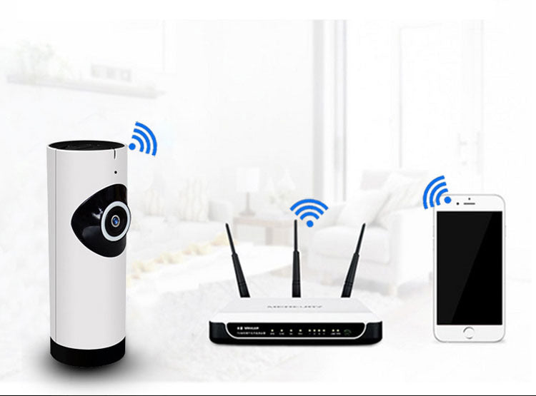 Security camera, Wi-Fi router, and smartphone are shown connected wirelessly. The background features a blurred modern living room setting, highlighting wireless connectivity.