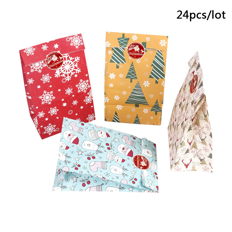 Four festive gift bags featuring holiday designs: red with snowflakes, orange with trees, blue with snowmen, and beige with reindeer. Labeled "24pcs/lot."