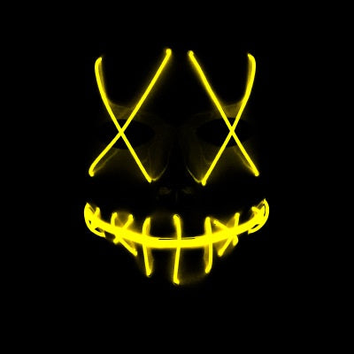 A glowing mask with yellow LED lights features X-shaped eyes and a stitched smile design, set against a completely dark background.