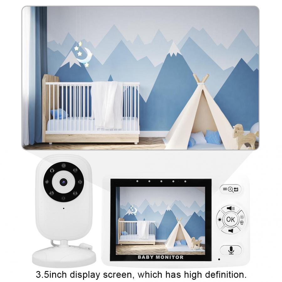 A baby monitor system with a camera and a 3.5-inch display screen. The display shows a nursery with a crib, blue mountain-themed wall, and a small play tent.