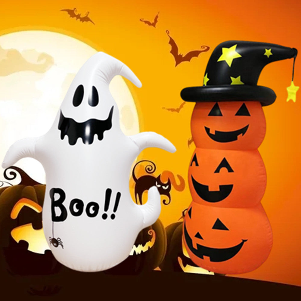 Inflatable Halloween decorations featuring a cheerful ghost with "Boo!!" and stacked jack-o'-lanterns wearing a starry witch hat, set against a spooky moonlit sky with bats.