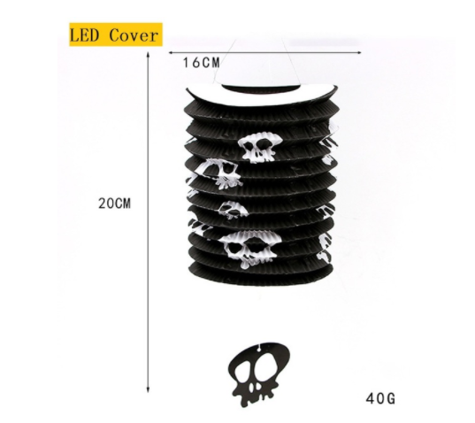 Black paper lantern with white skull designs, 16cm wide and 20cm tall. Labeled "LED Cover," it weighs 40g and includes a hanging skull decoration.