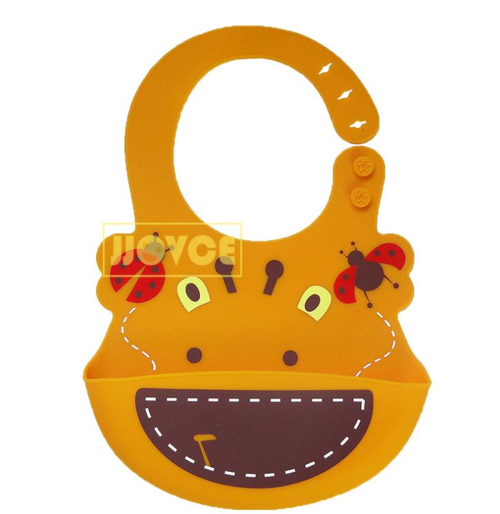 Orange bib with a cute animal face design, featuring ladybug decorations and a wide, brown smiling mouth pocket. Adjustable neck strap with star buttons.