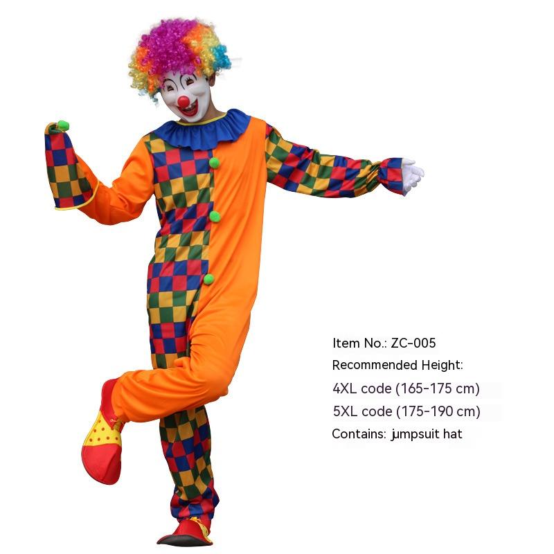 Colorful clown in a vibrant orange and multicolored checkered jumpsuit, wearing a rainbow wig and oversized shoes. Text details size and height recommendations.