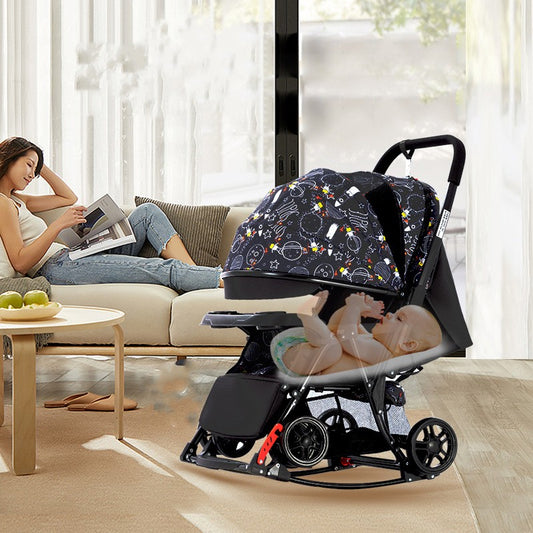 A relaxed woman reads on a sofa in a sunlit room, while a baby peacefully sleeps in a space-themed stroller nearby. A table with green apples is in the foreground.