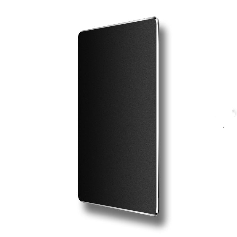 Sleek, black rectangular panel with rounded edges, mounted on a white surface. The panel's minimalist design features a thin, metallic frame, adding a modern touch.