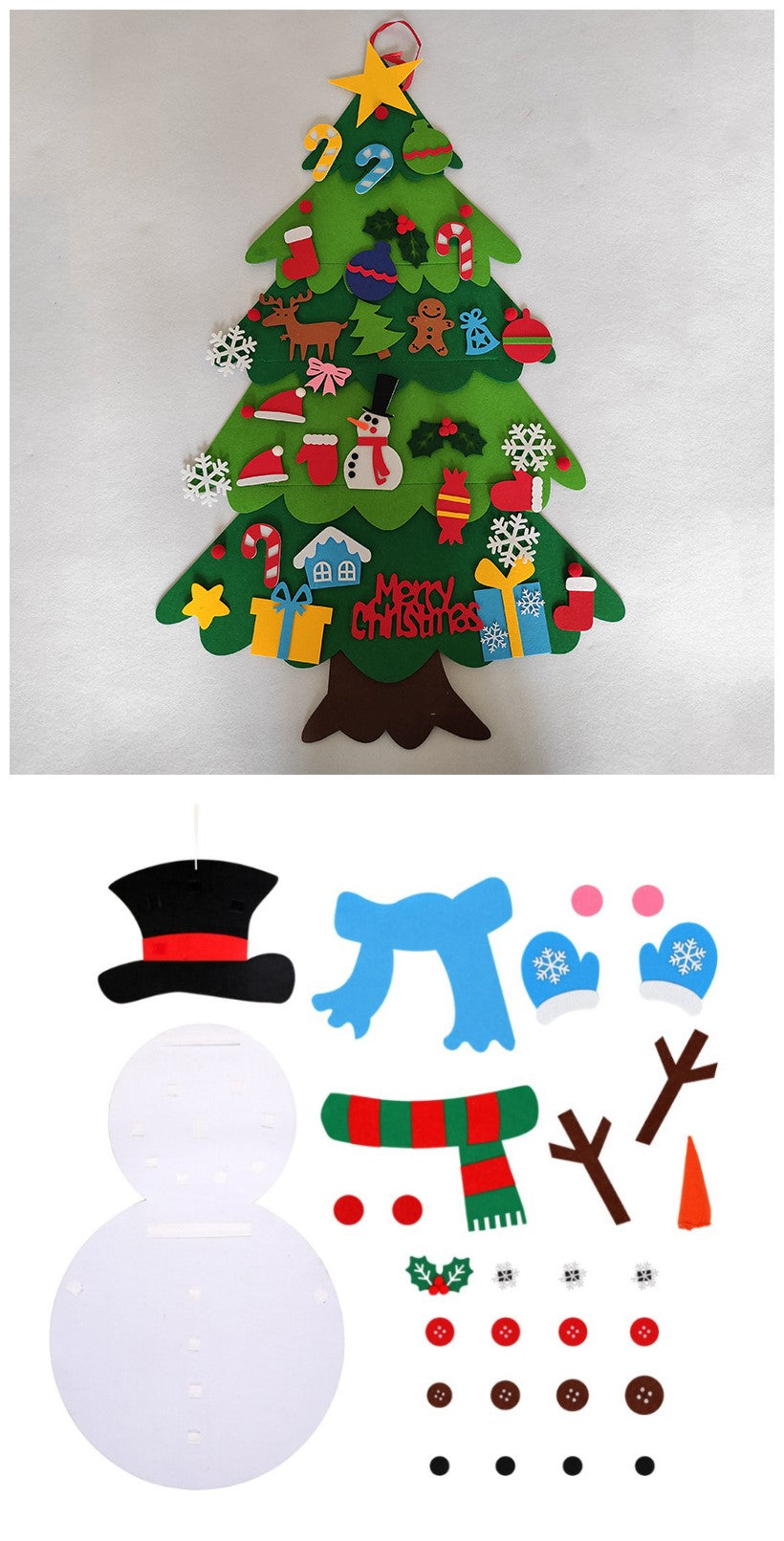 Felt Christmas tree with ornaments like candy canes, reindeer, and gifts, alongside a snowman kit with parts like a hat, scarf, buttons, and arms on a white background.