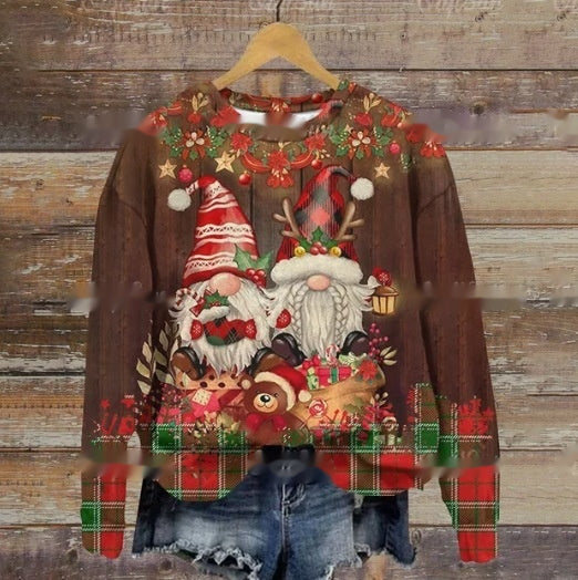 Festive sweater with prints of two gnomes in red and green hats, surrounded by holiday decorations, candy canes, and gifts, paired with denim shorts on a wooden background.