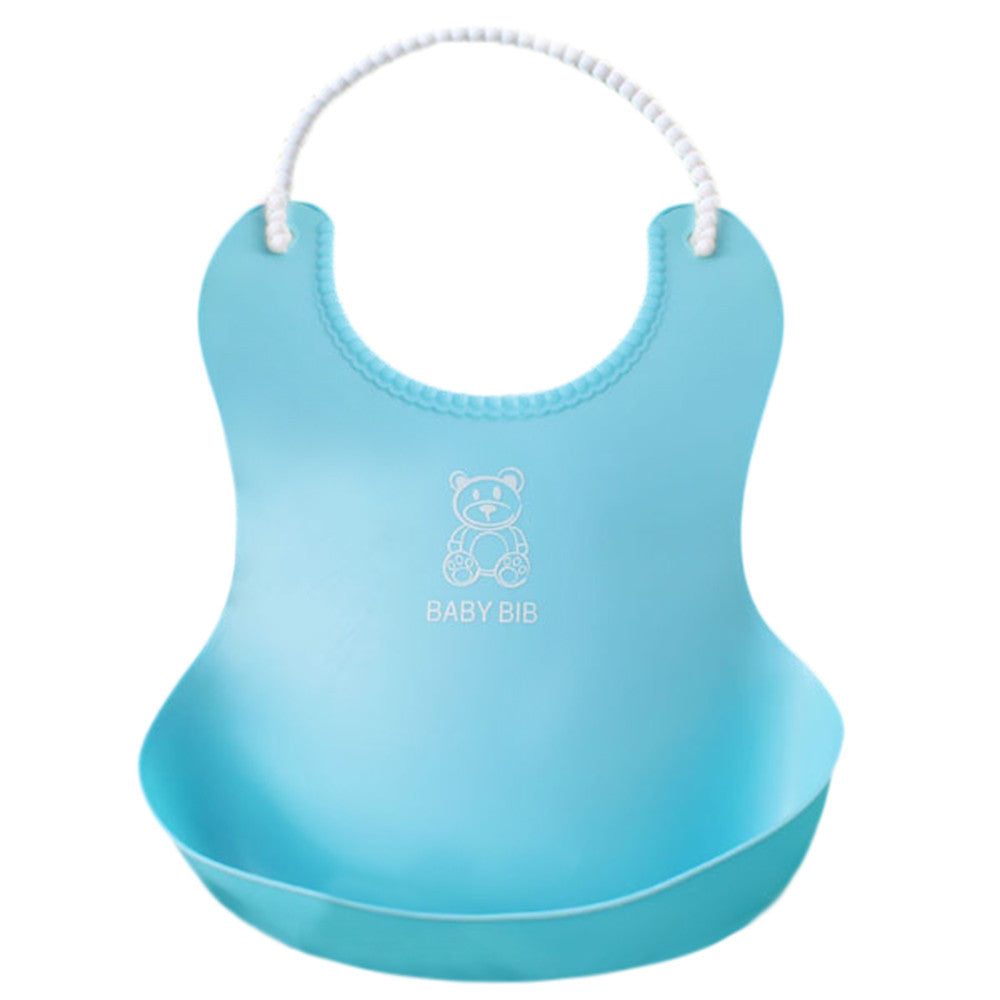 Blue silicone baby bib with a white bear design and "Baby Bib" text. Features an adjustable neck strap and a wide pocket at the bottom for catching food.