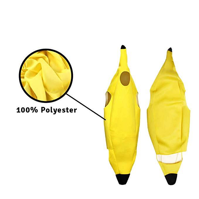 Yellow banana costume made of 100% polyester, shown from front and side views. Fabric detail inset highlights material texture. Black tips represent banana ends.