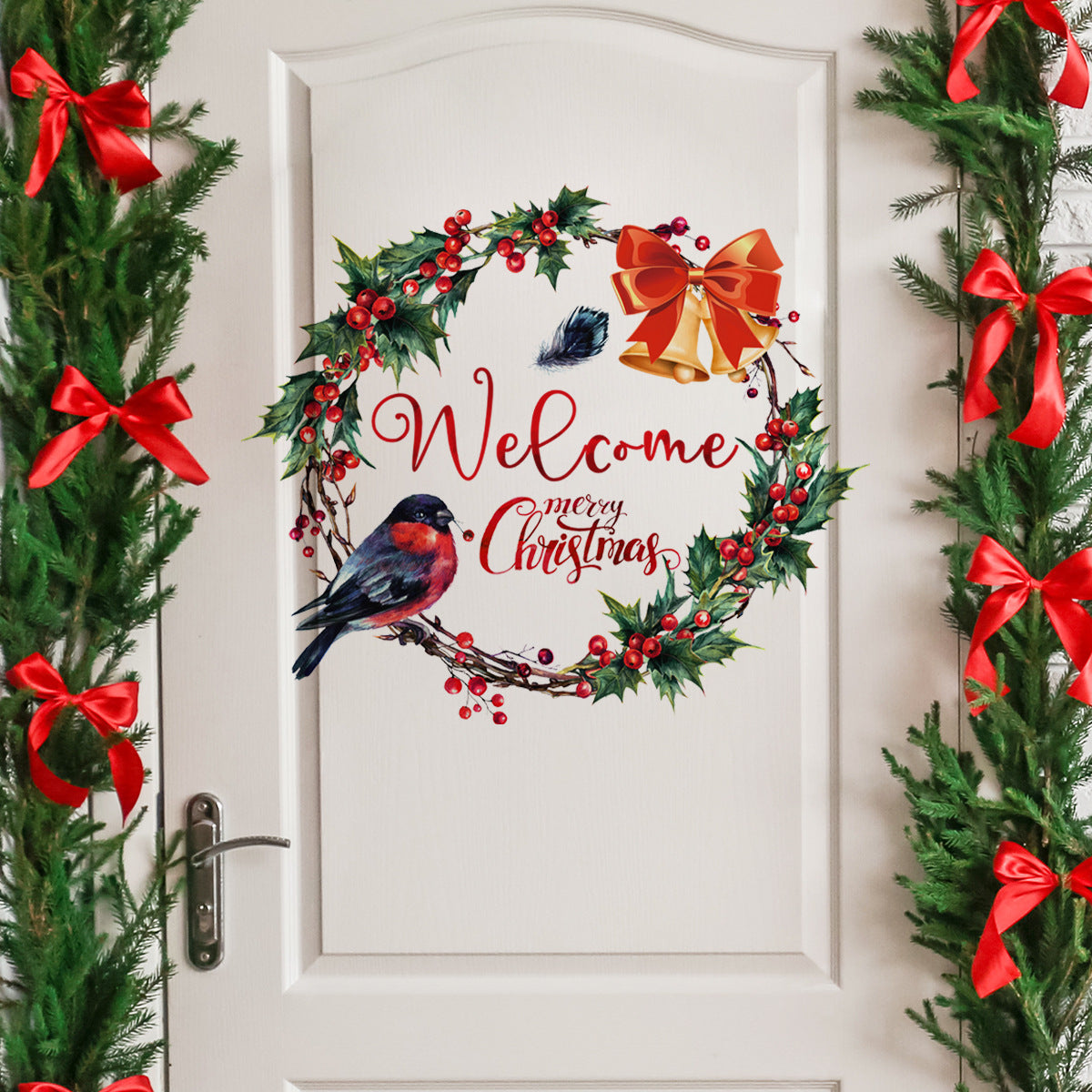 Festive door adorned with a wreath featuring holly, red berries, a bird, a gold bow, and text reading "Welcome Merry Christmas." Greenery with red bows frame the scene.