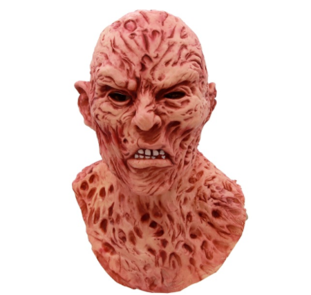 A detailed horror mask with a grotesque appearance, featuring a bald, scarred head and an angry expression. The skin texture is marked by deep wrinkles and reddish tones.