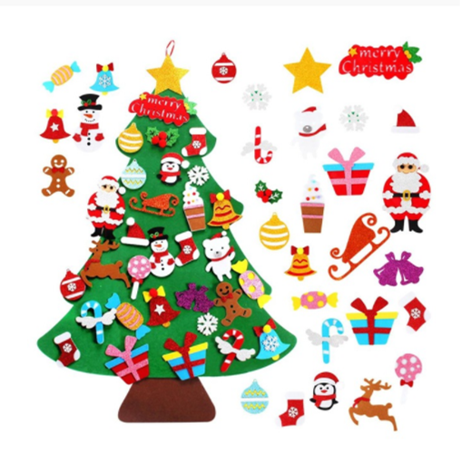 Felt Christmas tree with assorted colorful decorations: Santa, snowmen, gingerbread, stars, and presents. "Merry Christmas" text appears twice, alongside festive ornaments and shapes.