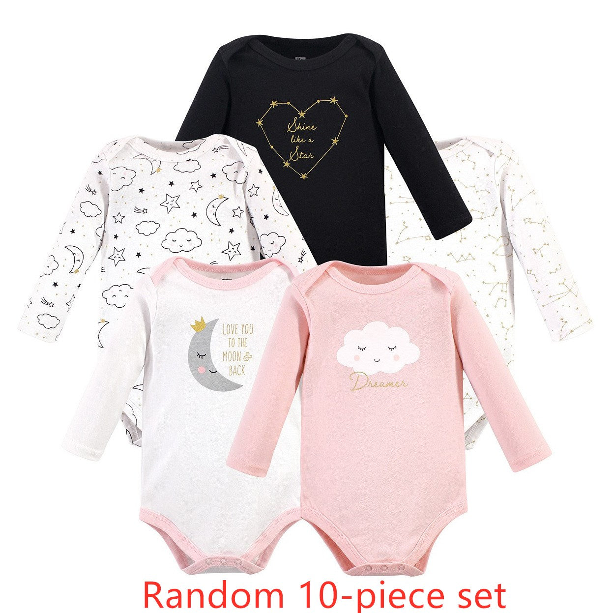 A collection of five baby onesies with various celestial designs in black, white, and pink, featuring stars, moons, clouds, and text. A red caption reads "Random 10-piece set."