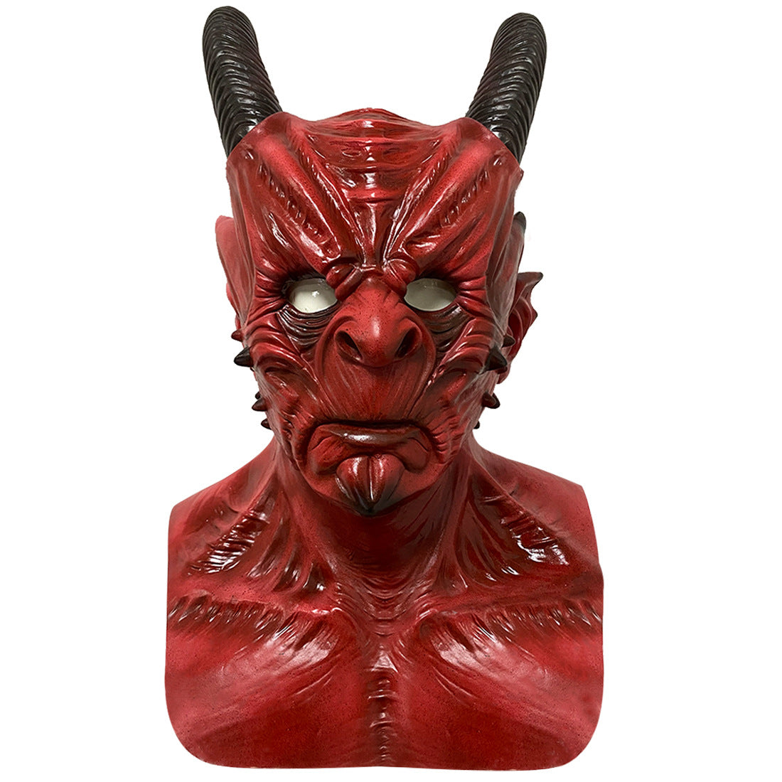 Red devilish mask with sharp features, white eyes, and black curved horns. The mask has textured details enhancing a menacing expression, set against a plain white background.