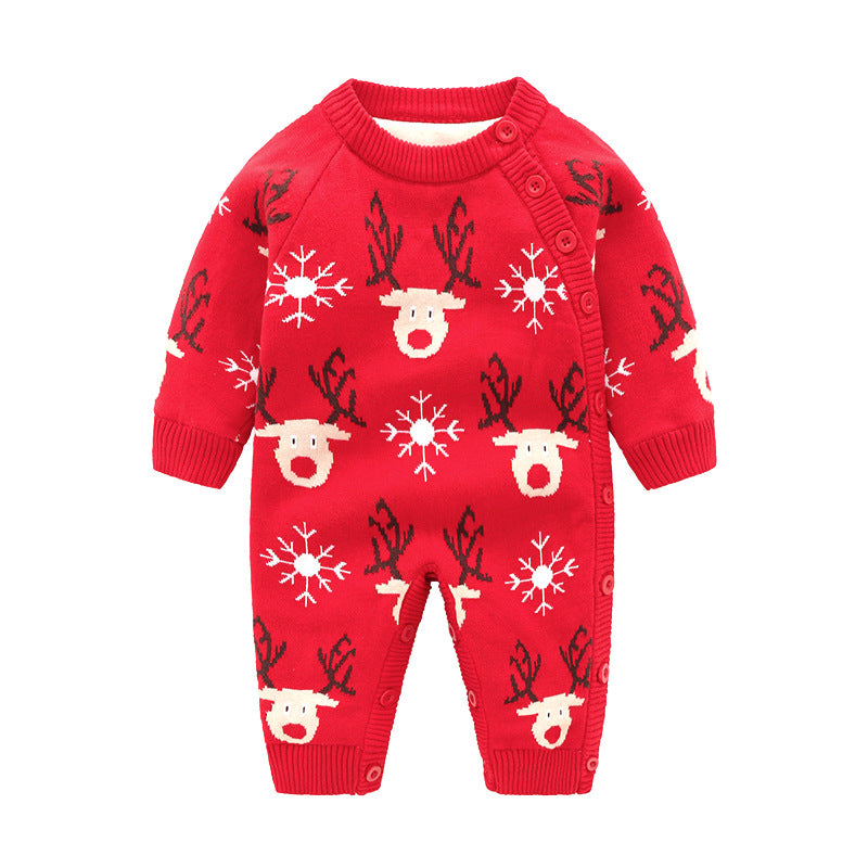Red baby romper with reindeer and snowflake pattern, featuring ribbed cuffs and button closure on the front and legs.