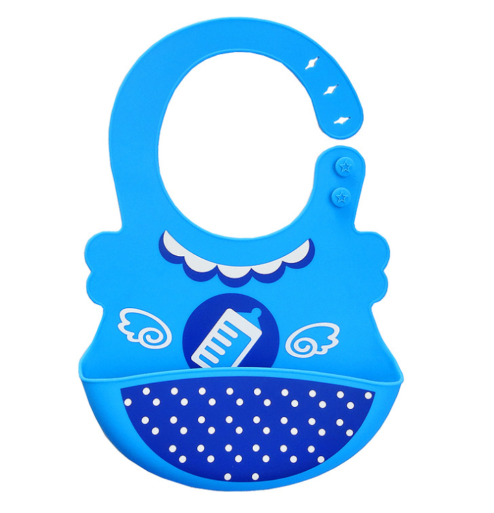 Bright blue silicone baby bib with adjustable neck closures, decorative wing and bottle design, and a polka-dotted crumb catcher pocket.