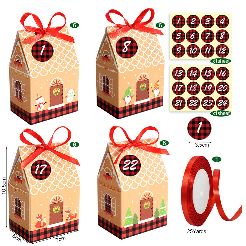 Advent calendar set with gingerbread house-shaped boxes, topped with red ribbons. Includes numbered stickers from 1 to 24 and a 25-yard red ribbon. Each box is 10.5cm tall.