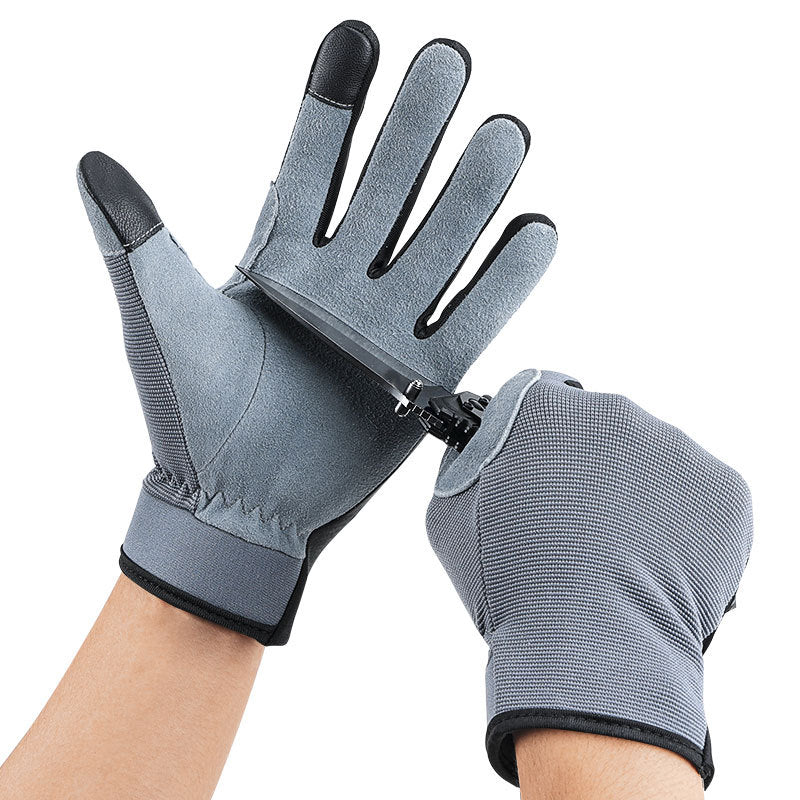 Two hands wearing gray gloves, one with a black grip and zipper detail. The right hand holds the zipper of the left glove, partially opening it.