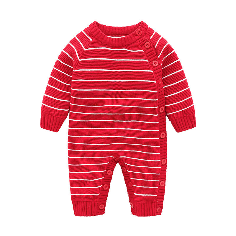 Red and white striped baby romper with long sleeves and ribbed cuffs. The design features buttons along the side and inside legs for easy dressing.